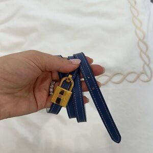 Hermes Blue White Reversible Thin Belt with Gold Lock Accent 80